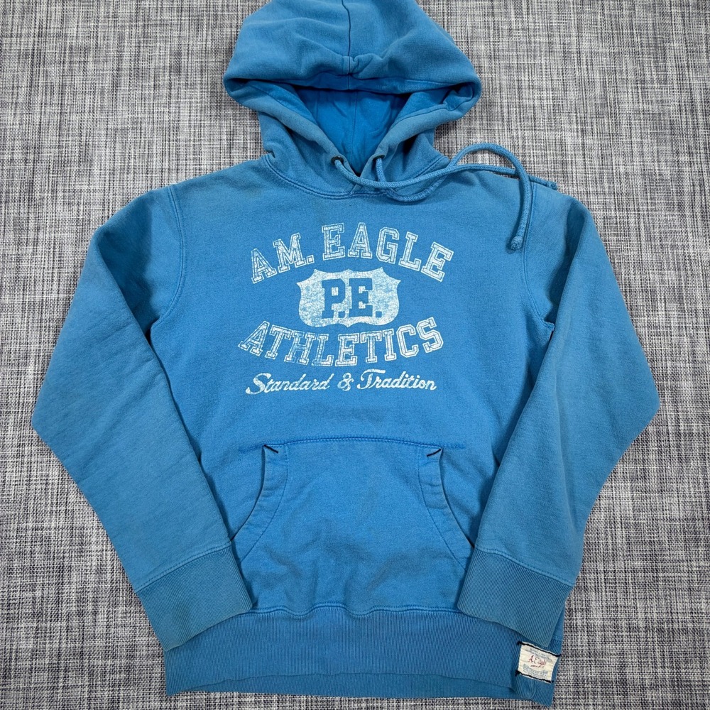American Eagle Men Athletics Varsity Graphic Hoodie Blue Cotton Fleece Size XS
